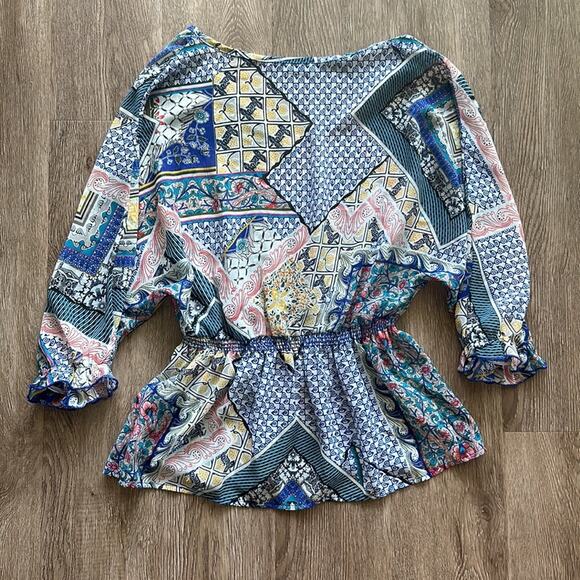 TOBI Patchwork 3/4 Sleeve Peplum Blouse Size Small - Picture 4 of 4